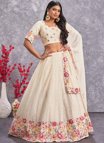 Amazing Georgette Floral Thread Work Beige Lehenga Choli Set